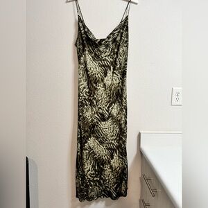 Good American Jungle Print Cowl Neck Green Bias Midi Slip Dress